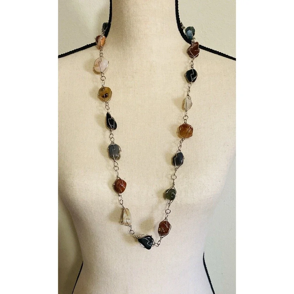 Vintage 33 Inch Artisan Wire-Wrapped Gemstone Cage Necklace Boho Festival Earthy